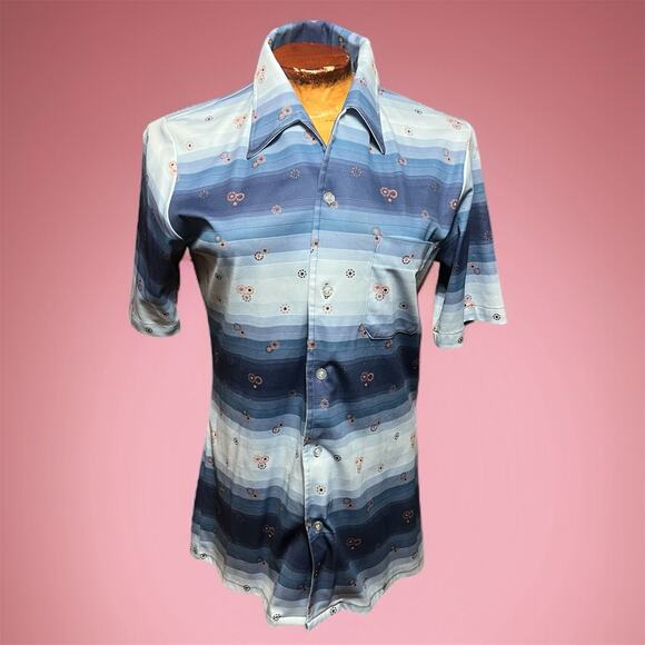 VINTAGE 70s Striped Dagger Collar Shirt Size M Retro Blue Career Club - Picture 1 of 6